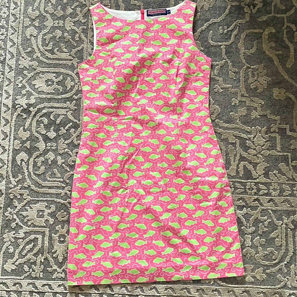 Vineyard Vines cabana dress in pink with little green fish.